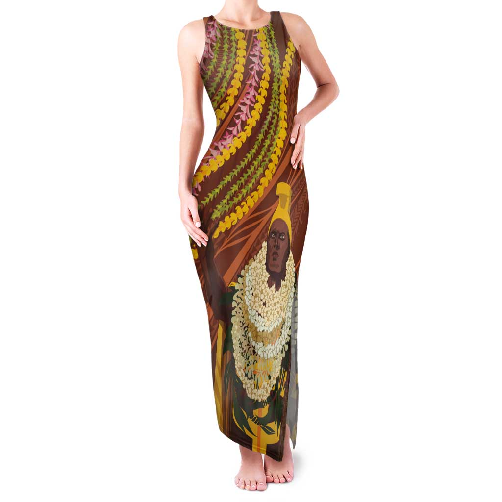 Hawaii King Kamehameha Tank Maxi Dress Hawaiian Kakau Pattern With Leis LT05 Women Brown - Polynesian Pride
