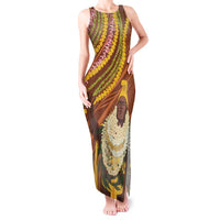 Hawaii King Kamehameha Tank Maxi Dress Hawaiian Kakau Pattern With Leis LT05 Women Brown - Polynesian Pride