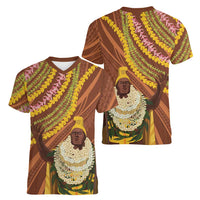 Hawaii King Kamehameha Women V-Neck T-Shirt Hawaiian Kakau Pattern With Leis