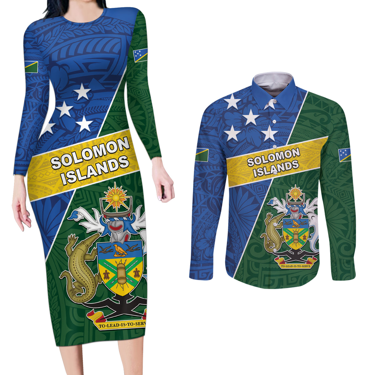 Personalised Solomon Islands Independence Day Couples Matching Long Sleeve Bodycon Dress and Long Sleeve Button Shirt With Coat Of Arms LT05 Green - Polynesian Pride