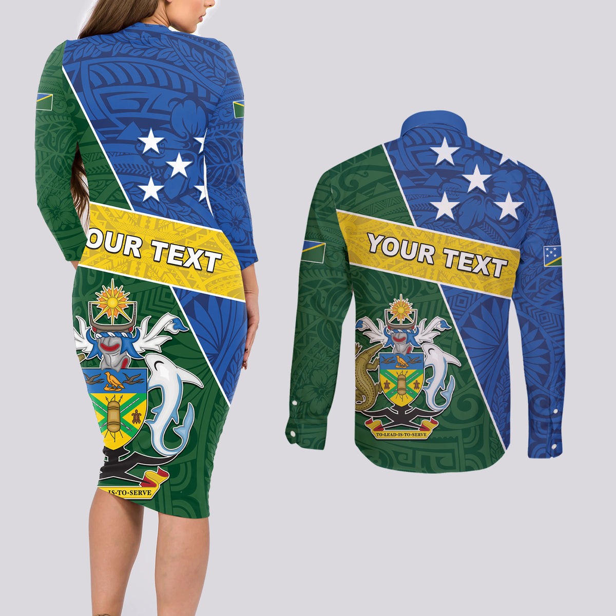 Personalised Solomon Islands Independence Day Couples Matching Long Sleeve Bodycon Dress and Long Sleeve Button Shirt With Coat Of Arms LT05 - Polynesian Pride