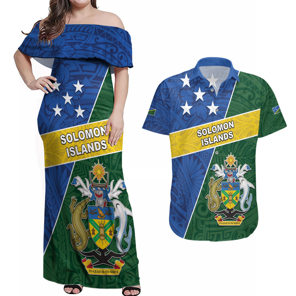 Personalised Solomon Islands Independence Day Couples Matching Off Shoulder Maxi Dress and Hawaiian Shirt With Coat Of Arms LT05 Green - Polynesian Pride