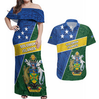 Personalised Solomon Islands Independence Day Couples Matching Off Shoulder Maxi Dress and Hawaiian Shirt With Coat Of Arms LT05 Green - Polynesian Pride