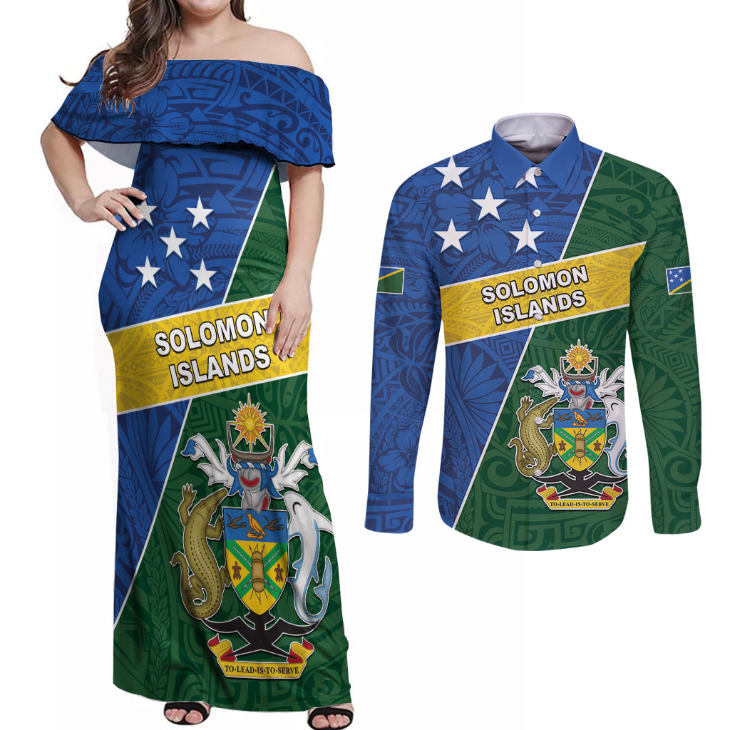 Personalised Solomon Islands Independence Day Couples Matching Off Shoulder Maxi Dress and Long Sleeve Button Shirt With Coat Of Arms LT05 Green - Polynesian Pride