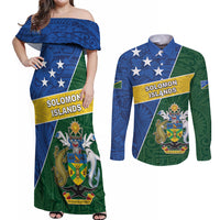Personalised Solomon Islands Independence Day Couples Matching Off Shoulder Maxi Dress and Long Sleeve Button Shirt With Coat Of Arms LT05 Green - Polynesian Pride