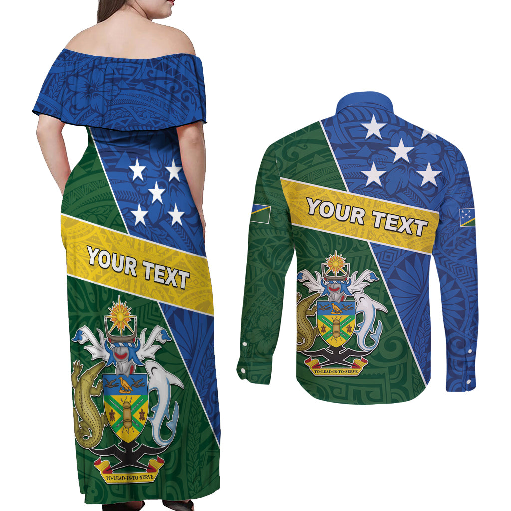 Personalised Solomon Islands Independence Day Couples Matching Off Shoulder Maxi Dress and Long Sleeve Button Shirt With Coat Of Arms LT05 - Polynesian Pride