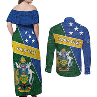 Personalised Solomon Islands Independence Day Couples Matching Off Shoulder Maxi Dress and Long Sleeve Button Shirt With Coat Of Arms LT05 - Polynesian Pride