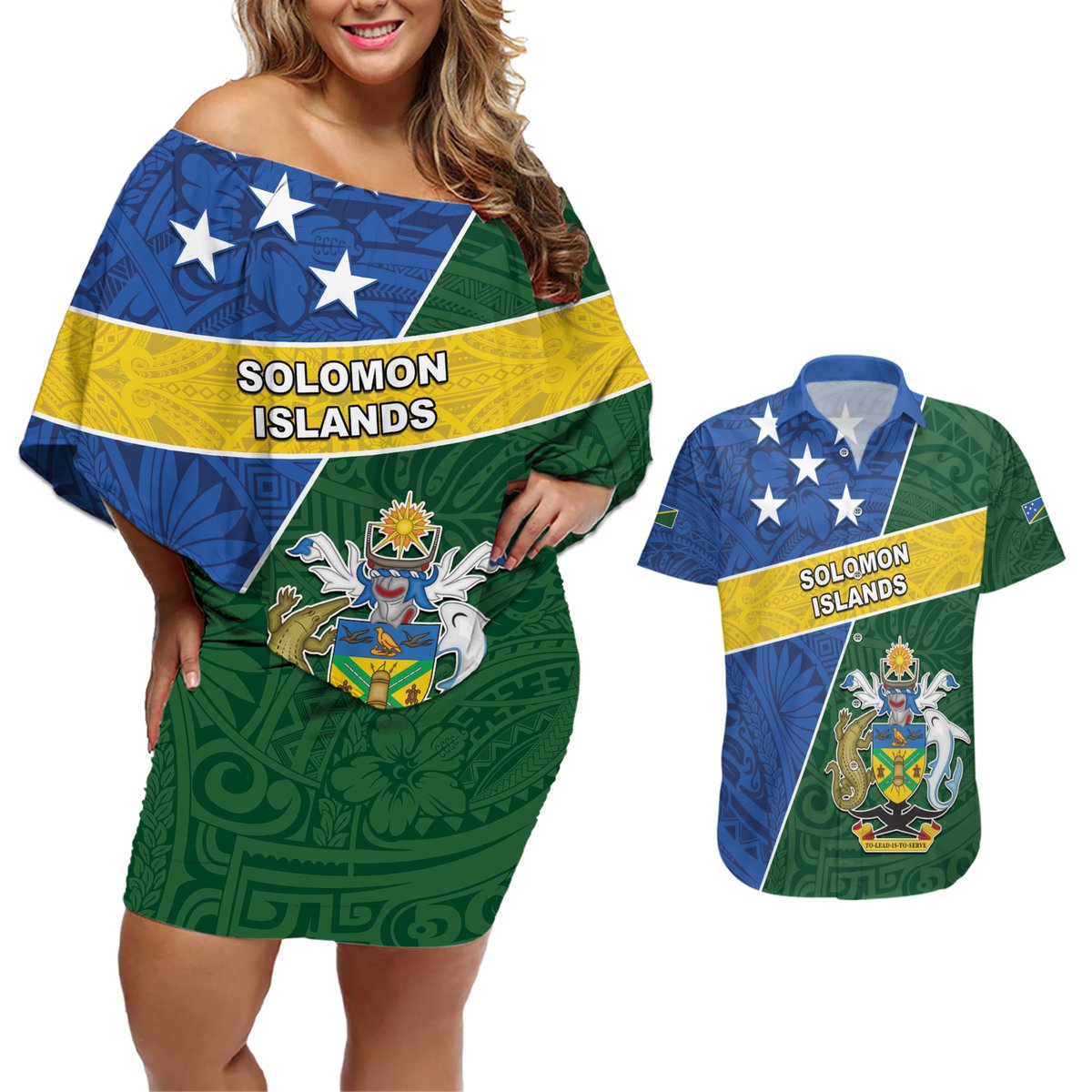 Personalised Solomon Islands Independence Day Couples Matching Off Shoulder Short Dress and Hawaiian Shirt With Coat Of Arms LT05 Green - Polynesian Pride