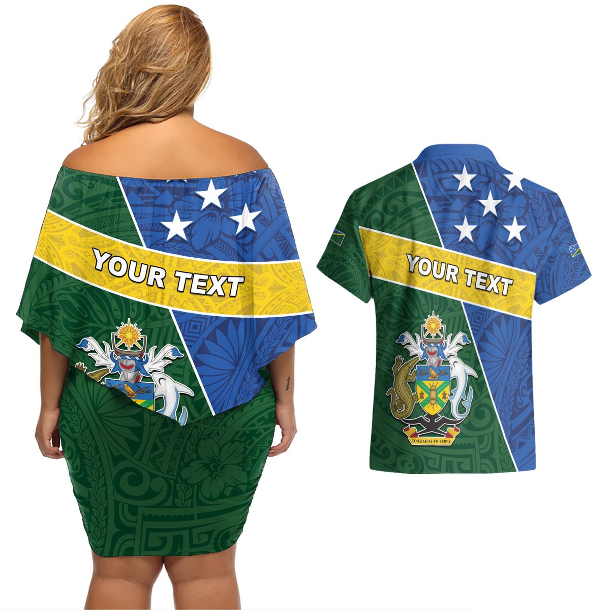 Personalised Solomon Islands Independence Day Couples Matching Off Shoulder Short Dress and Hawaiian Shirt With Coat Of Arms LT05 - Polynesian Pride