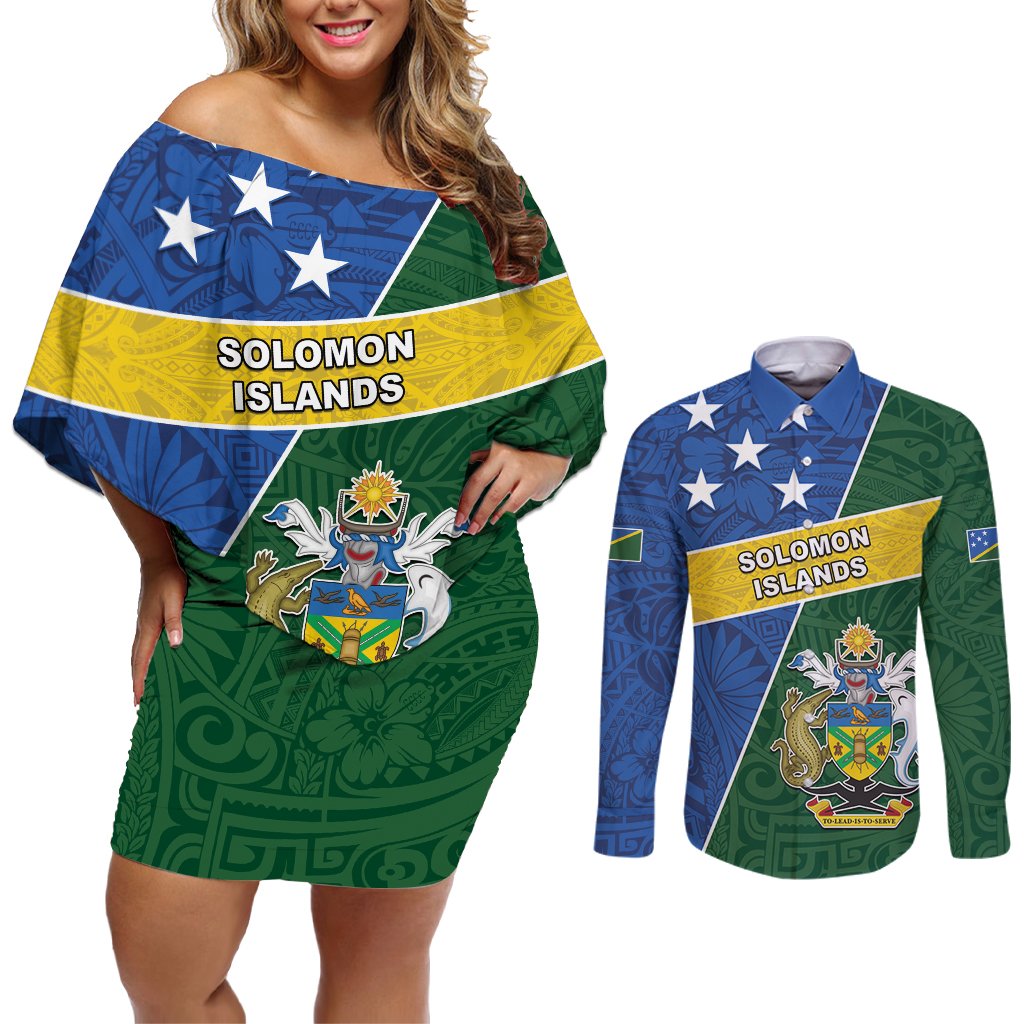 Personalised Solomon Islands Independence Day Couples Matching Off Shoulder Short Dress and Long Sleeve Button Shirt With Coat Of Arms LT05 Green - Polynesian Pride