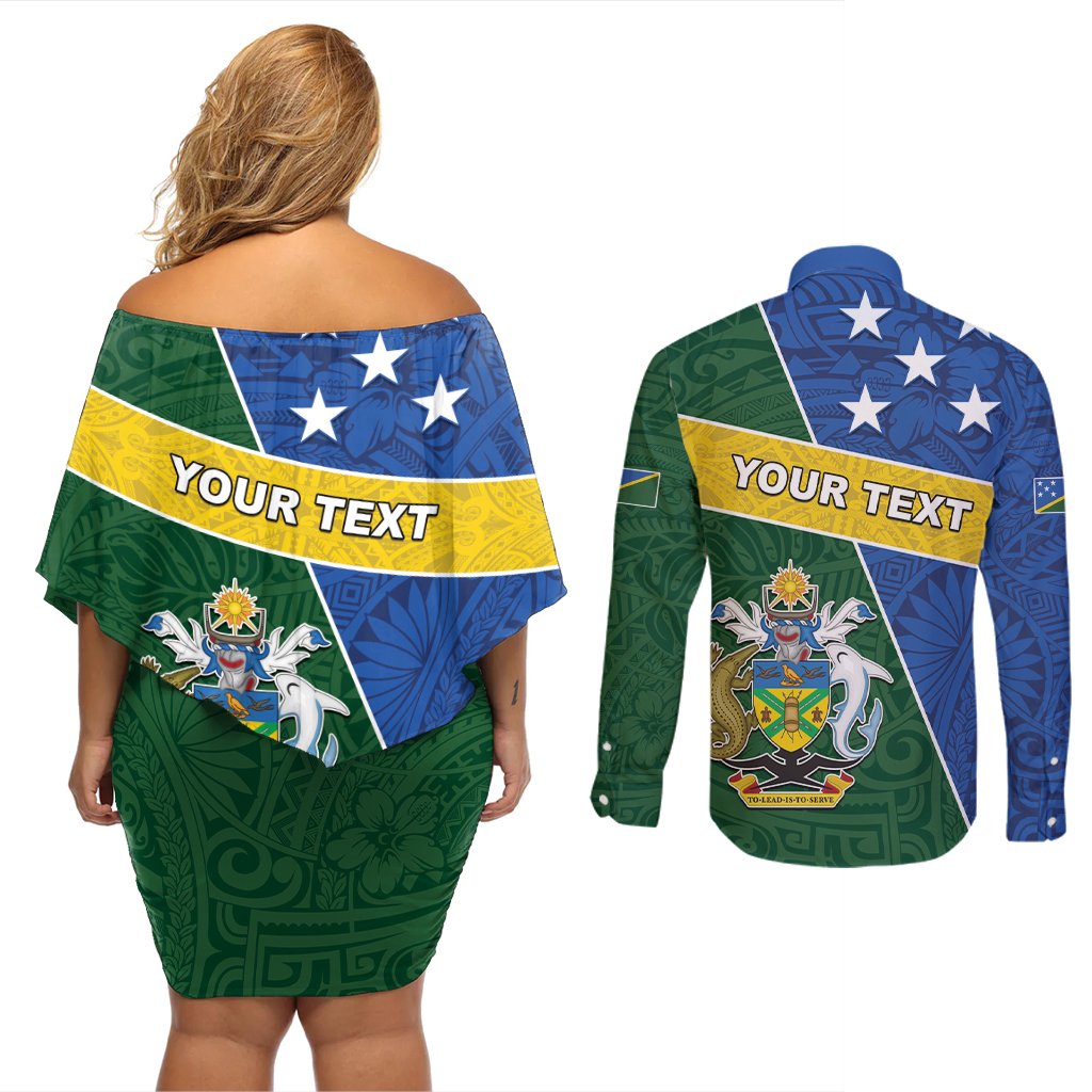 Personalised Solomon Islands Independence Day Couples Matching Off Shoulder Short Dress and Long Sleeve Button Shirt With Coat Of Arms LT05 - Polynesian Pride