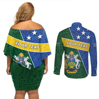 Personalised Solomon Islands Independence Day Couples Matching Off Shoulder Short Dress and Long Sleeve Button Shirt With Coat Of Arms LT05 - Polynesian Pride
