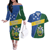 Personalised Solomon Islands Independence Day Couples Matching Off The Shoulder Long Sleeve Dress and Hawaiian Shirt With Coat Of Arms LT05 Green - Polynesian Pride