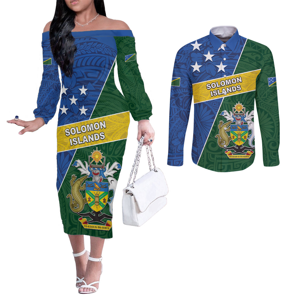 Personalised Solomon Islands Independence Day Couples Matching Off The Shoulder Long Sleeve Dress and Long Sleeve Button Shirt With Coat Of Arms LT05 Green - Polynesian Pride