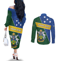 Personalised Solomon Islands Independence Day Couples Matching Off The Shoulder Long Sleeve Dress and Long Sleeve Button Shirt With Coat Of Arms LT05 - Polynesian Pride