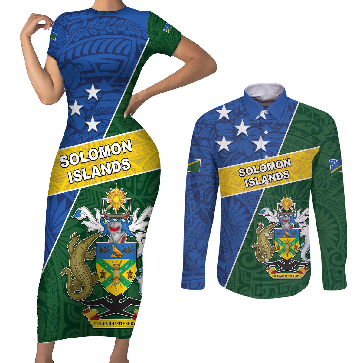Personalised Solomon Islands Independence Day Couples Matching Short Sleeve Bodycon Dress and Long Sleeve Button Shirt With Coat Of Arms LT05 Green - Polynesian Pride