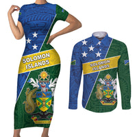 Personalised Solomon Islands Independence Day Couples Matching Short Sleeve Bodycon Dress and Long Sleeve Button Shirt With Coat Of Arms LT05 Green - Polynesian Pride