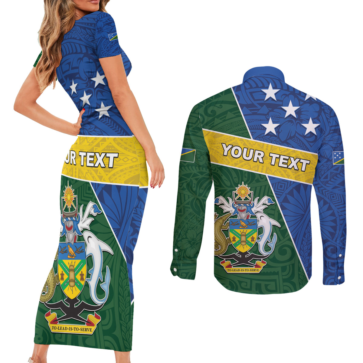 Personalised Solomon Islands Independence Day Couples Matching Short Sleeve Bodycon Dress and Long Sleeve Button Shirt With Coat Of Arms LT05 - Polynesian Pride