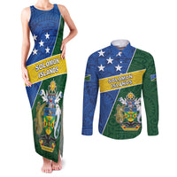Personalised Solomon Islands Independence Day Couples Matching Tank Maxi Dress and Long Sleeve Button Shirt With Coat Of Arms LT05 Green - Polynesian Pride