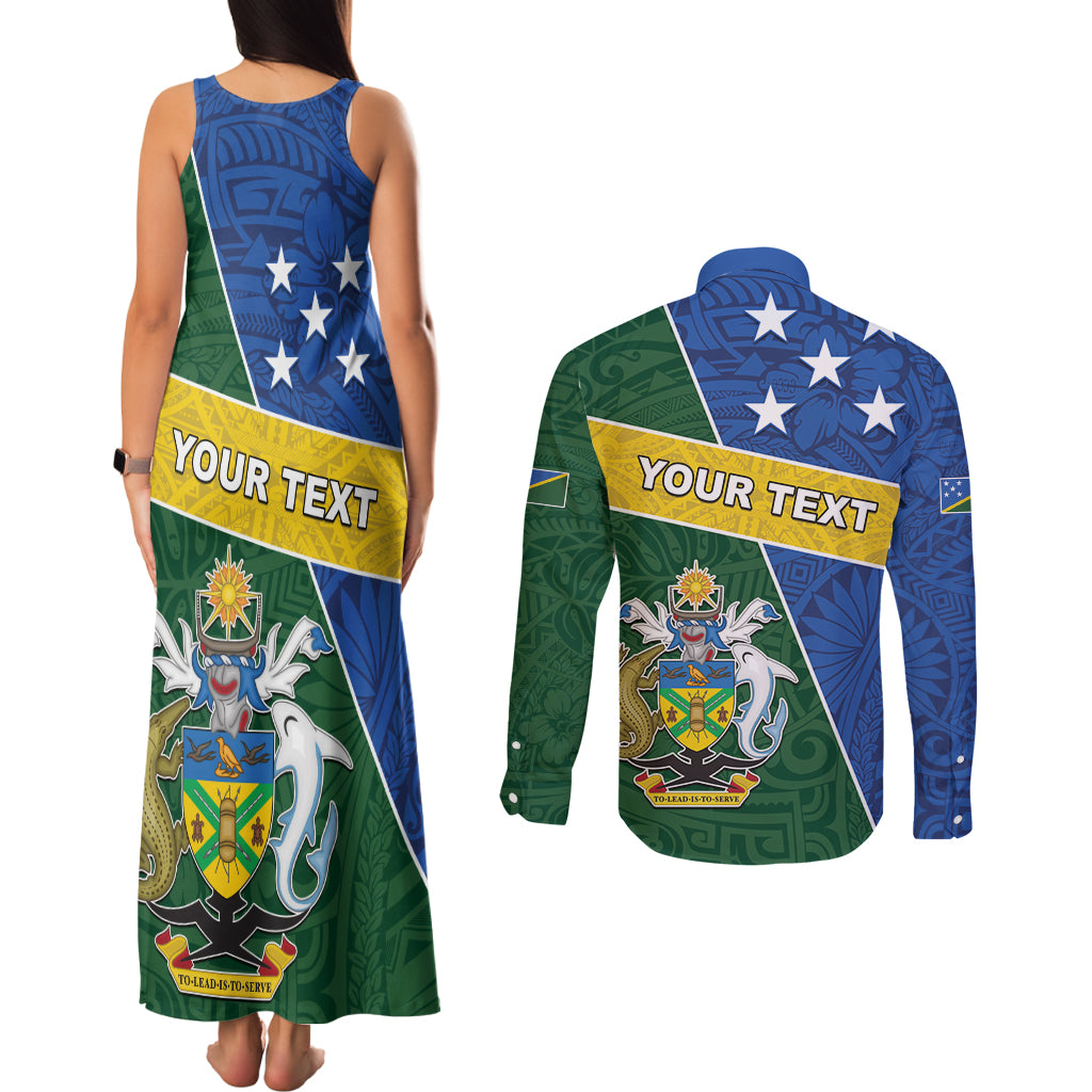 Personalised Solomon Islands Independence Day Couples Matching Tank Maxi Dress and Long Sleeve Button Shirt With Coat Of Arms LT05 - Polynesian Pride