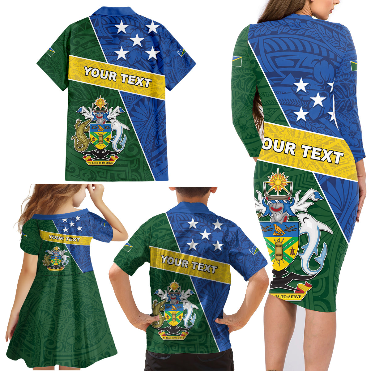 Personalised Solomon Islands Independence Day Family Matching Long Sleeve Bodycon Dress and Hawaiian Shirt With Coat Of Arms LT05 - Polynesian Pride