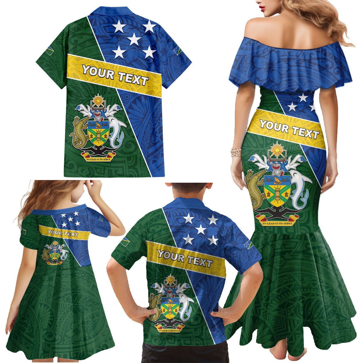 Personalised Solomon Islands Independence Day Family Matching Mermaid Dress and Hawaiian Shirt With Coat Of Arms LT05 - Polynesian Pride