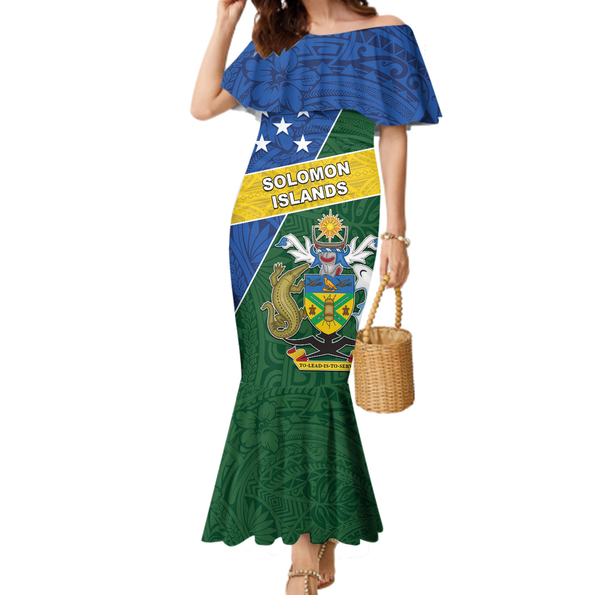 Personalised Solomon Islands Independence Day Family Matching Mermaid Dress and Hawaiian Shirt With Coat Of Arms LT05 Mom's Dress Green - Polynesian Pride