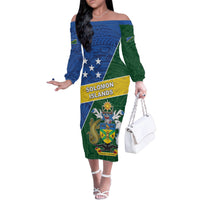 Personalised Solomon Islands Independence Day Family Matching Off The Shoulder Long Sleeve Dress and Hawaiian Shirt With Coat Of Arms LT05 Mom's Dress Green - Polynesian Pride