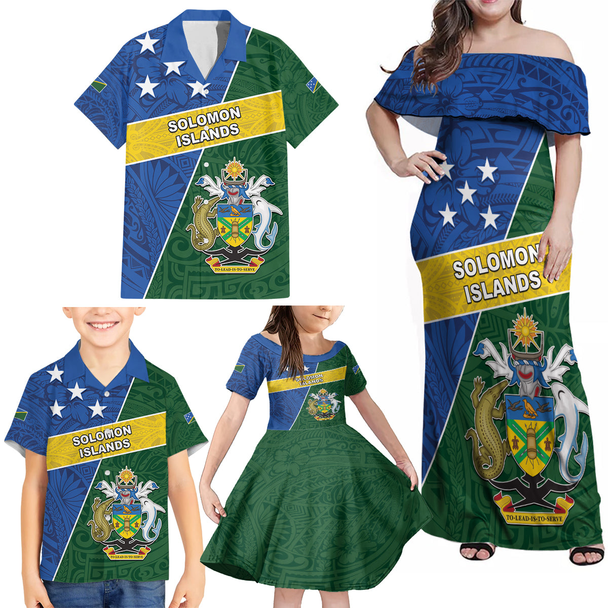 Personalised Solomon Islands Independence Day Family Matching Off Shoulder Maxi Dress and Hawaiian Shirt With Coat Of Arms LT05 - Polynesian Pride