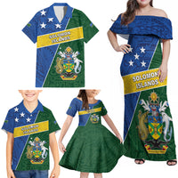 Personalised Solomon Islands Independence Day Family Matching Off Shoulder Maxi Dress and Hawaiian Shirt With Coat Of Arms LT05 - Polynesian Pride