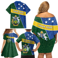 Personalised Solomon Islands Independence Day Family Matching Off Shoulder Short Dress and Hawaiian Shirt With Coat Of Arms LT05 - Polynesian Pride