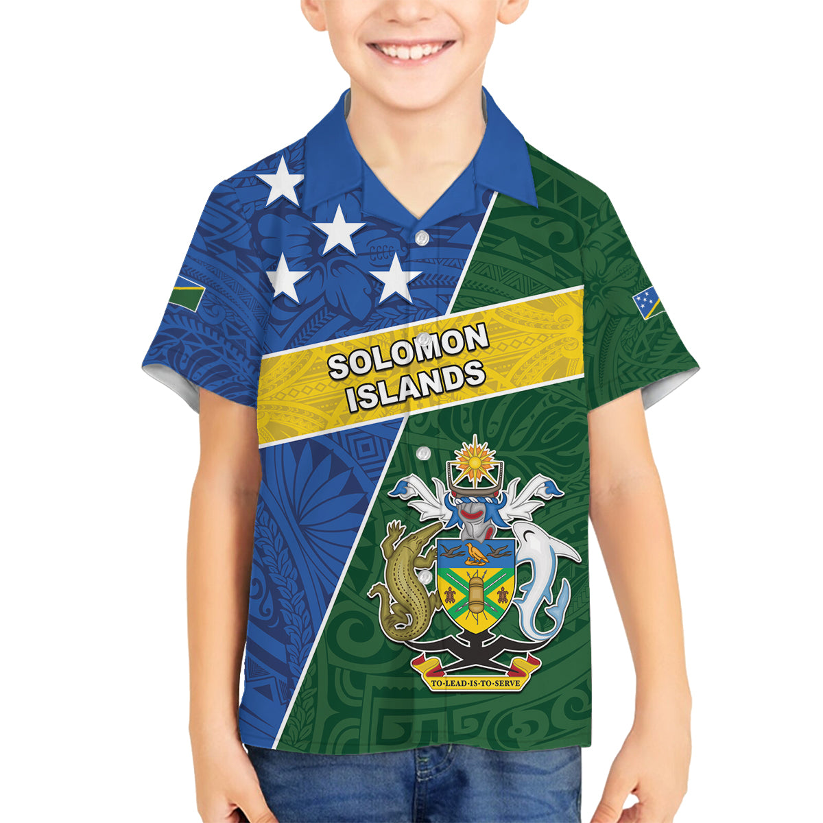 Personalised Solomon Islands Independence Day Family Matching Puletasi and Hawaiian Shirt With Coat Of Arms LT05 Son's Shirt Green - Polynesian Pride