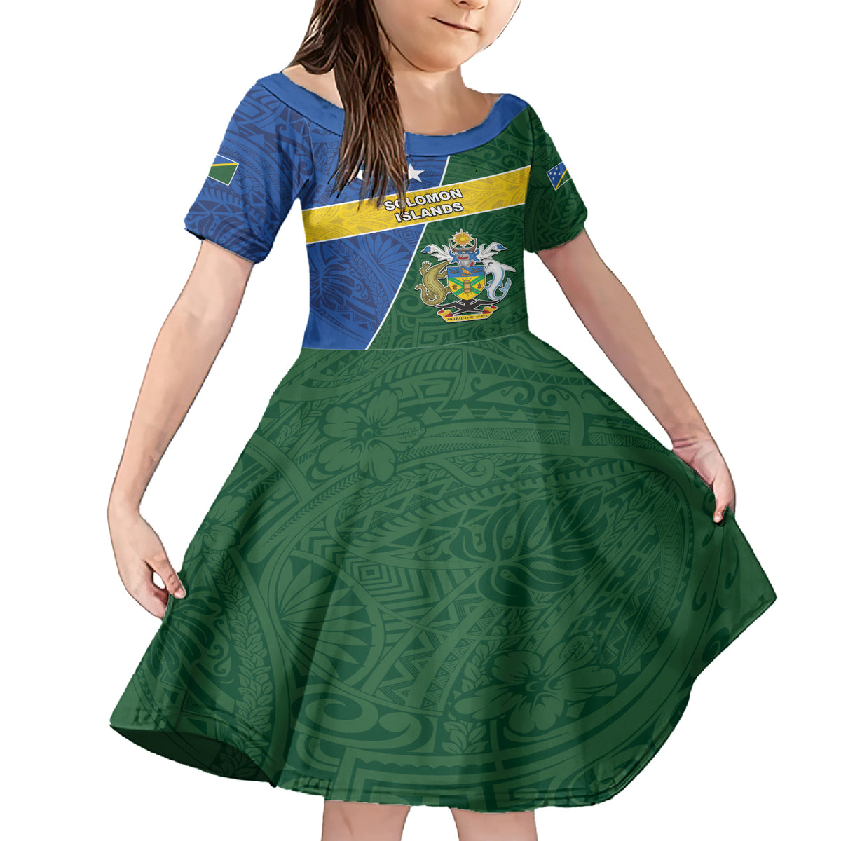 Personalised Solomon Islands Independence Day Family Matching Short Sleeve Bodycon Dress and Hawaiian Shirt With Coat Of Arms LT05 Daughter's Dress Green - Polynesian Pride