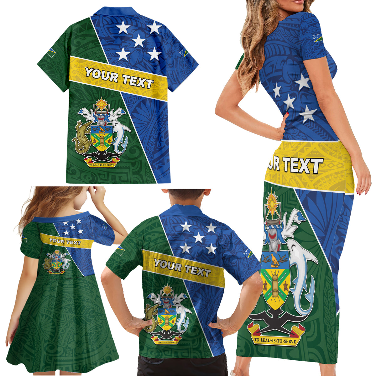 Personalised Solomon Islands Independence Day Family Matching Short Sleeve Bodycon Dress and Hawaiian Shirt With Coat Of Arms LT05 - Polynesian Pride