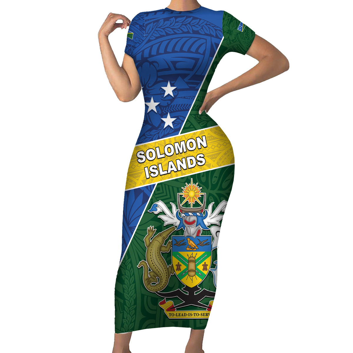 Personalised Solomon Islands Independence Day Family Matching Short Sleeve Bodycon Dress and Hawaiian Shirt With Coat Of Arms LT05 Mom's Dress Green - Polynesian Pride