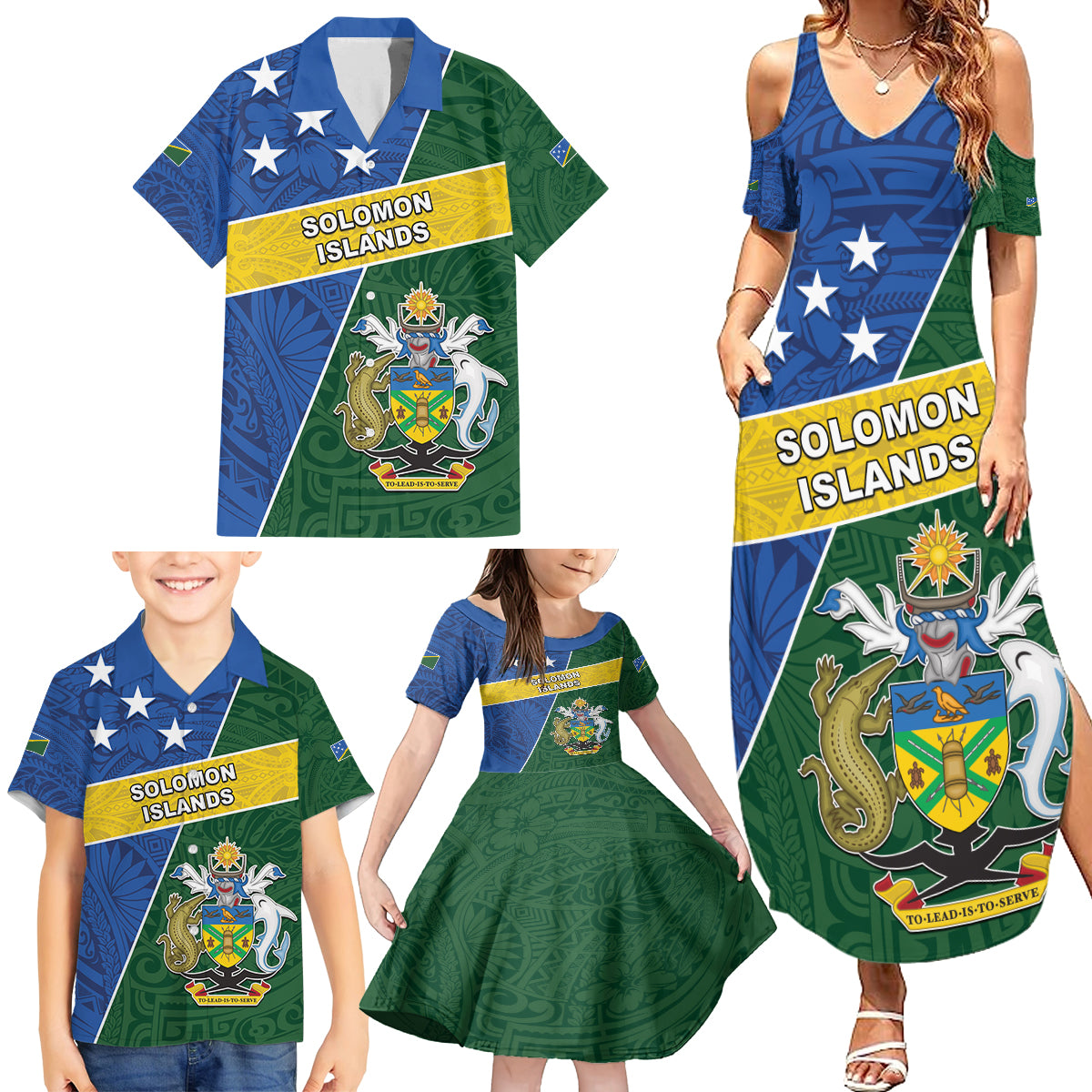 Personalised Solomon Islands Independence Day Family Matching Summer Maxi Dress and Hawaiian Shirt With Coat Of Arms LT05 - Polynesian Pride