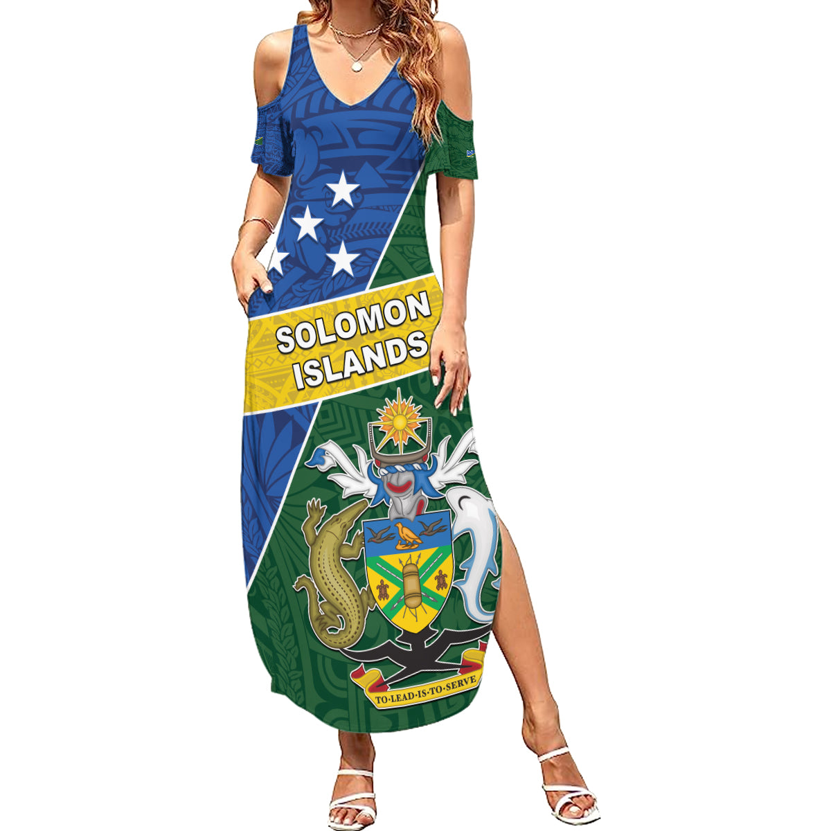 Personalised Solomon Islands Independence Day Family Matching Summer Maxi Dress and Hawaiian Shirt With Coat Of Arms LT05 Mom's Dress Green - Polynesian Pride