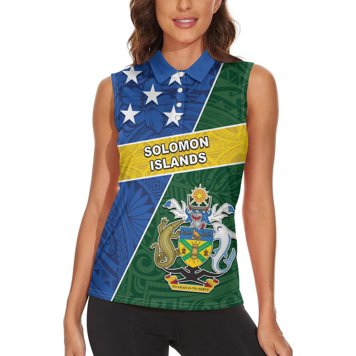 Personalised Solomon Islands Independence Day Women Sleeveless Polo Shirt With Coat Of Arms LT05 - Polynesian Pride