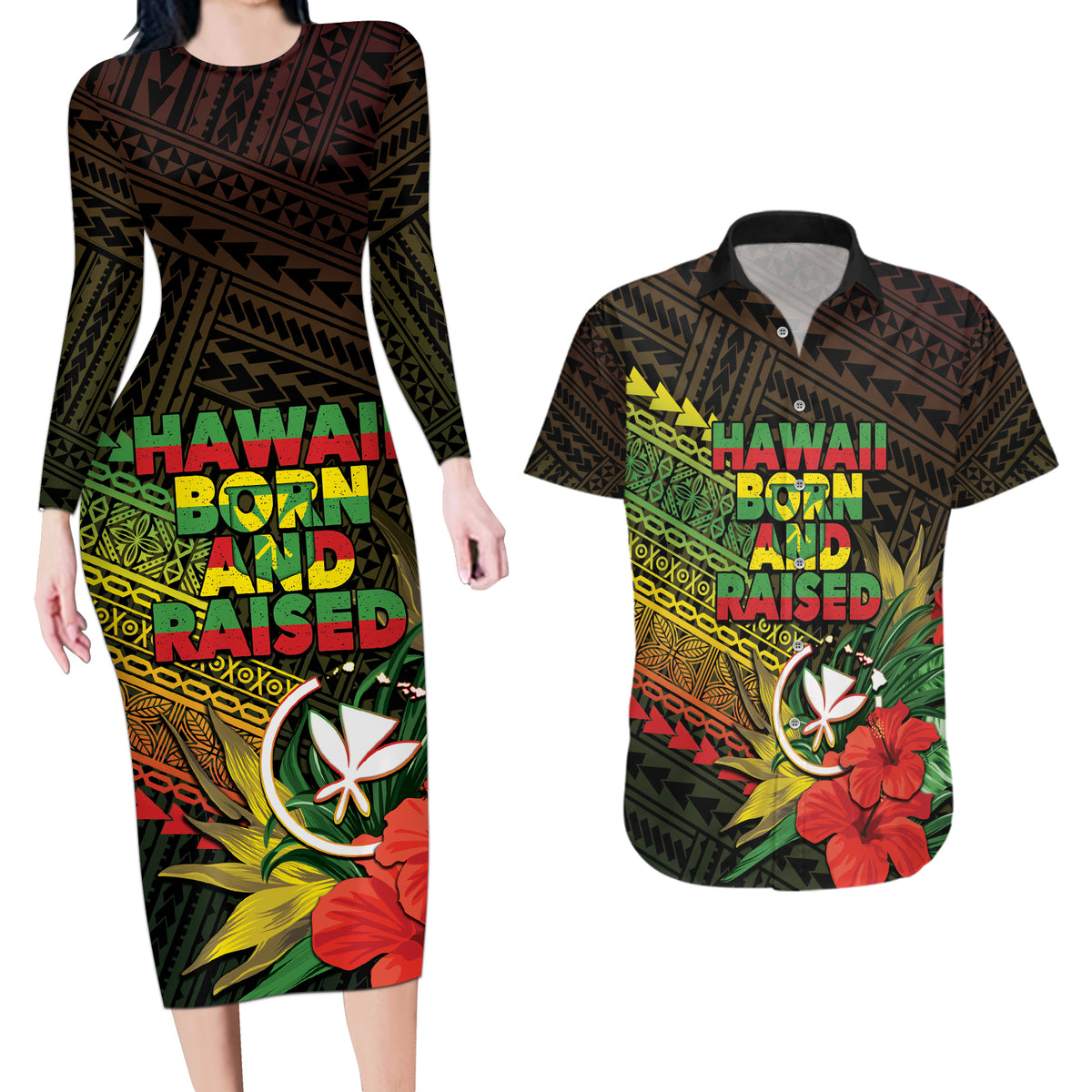 Personalized Hawaii Born and Raised Couples Matching Long Sleeve Bodycon Dress and Hawaiian Shirt Kanaka Maoli Flag Day LT05 Reggae - Polynesian Pride