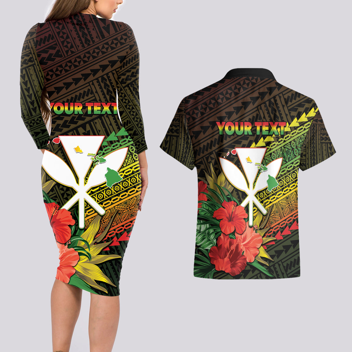 Personalized Hawaii Born and Raised Couples Matching Long Sleeve Bodycon Dress and Hawaiian Shirt Kanaka Maoli Flag Day LT05 - Polynesian Pride