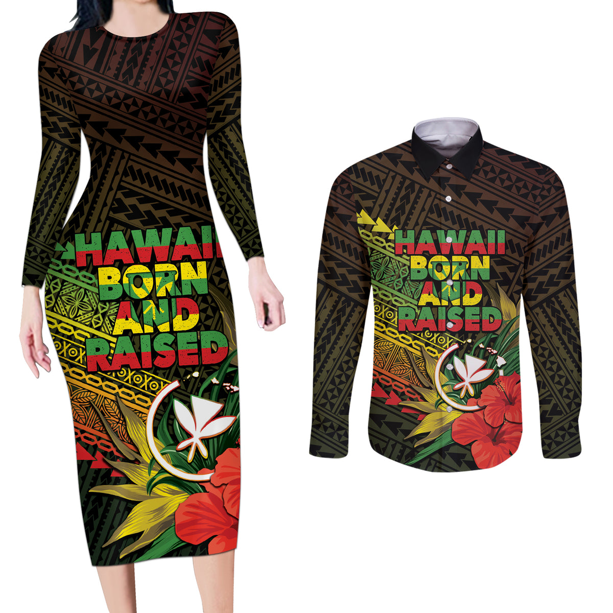 Personalized Hawaii Born and Raised Couples Matching Long Sleeve Bodycon Dress and Long Sleeve Button Shirt Kanaka Maoli Flag Day LT05 Reggae - Polynesian Pride