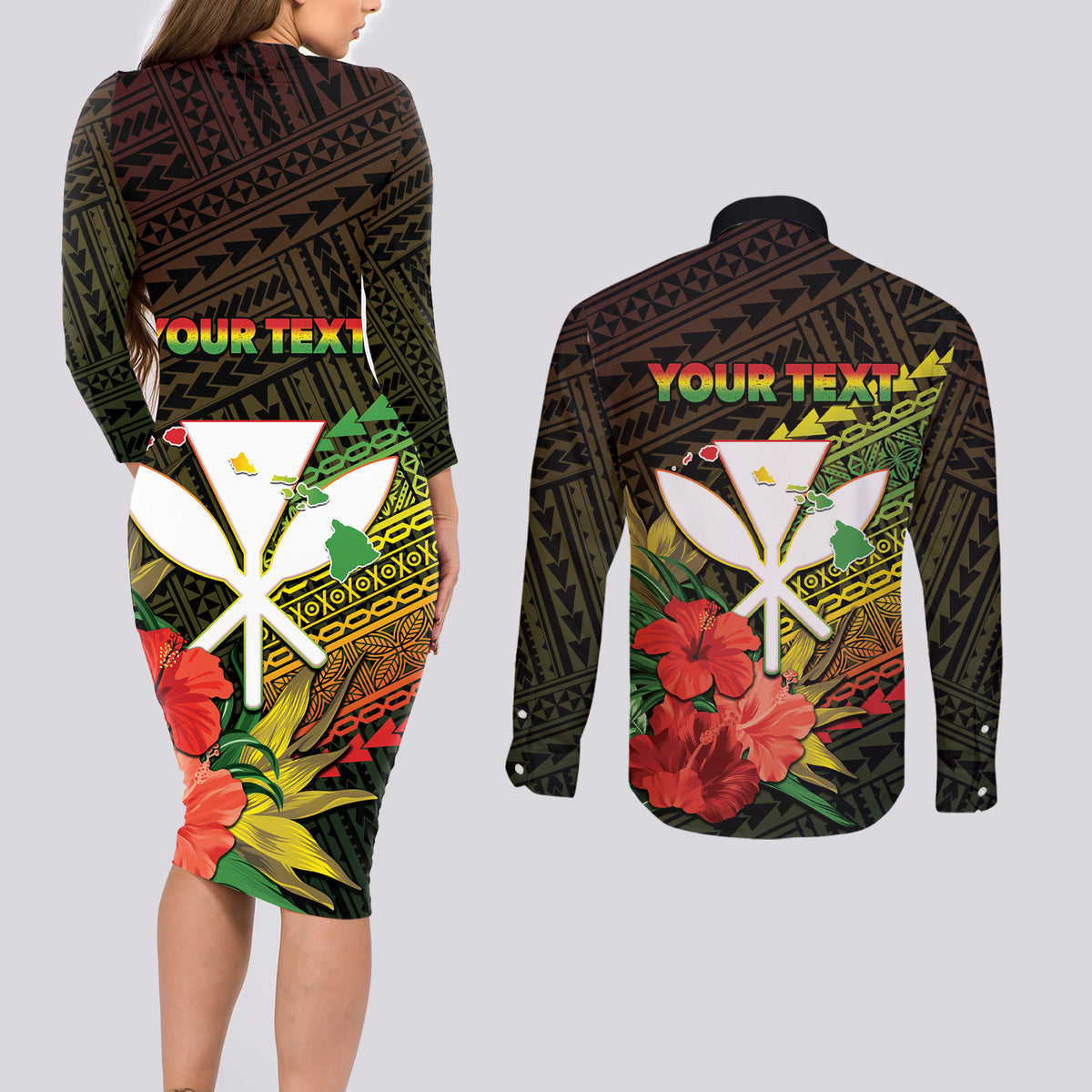 Personalized Hawaii Born and Raised Couples Matching Long Sleeve Bodycon Dress and Long Sleeve Button Shirt Kanaka Maoli Flag Day LT05 - Polynesian Pride
