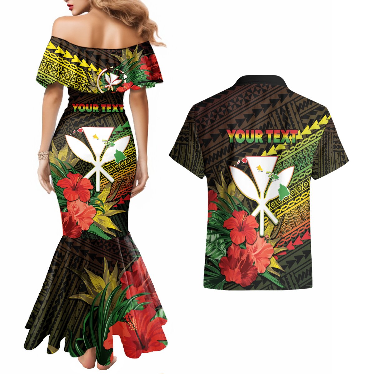 Personalized Hawaii Born and Raised Couples Matching Mermaid Dress and Hawaiian Shirt Kanaka Maoli Flag Day LT05 - Polynesian Pride
