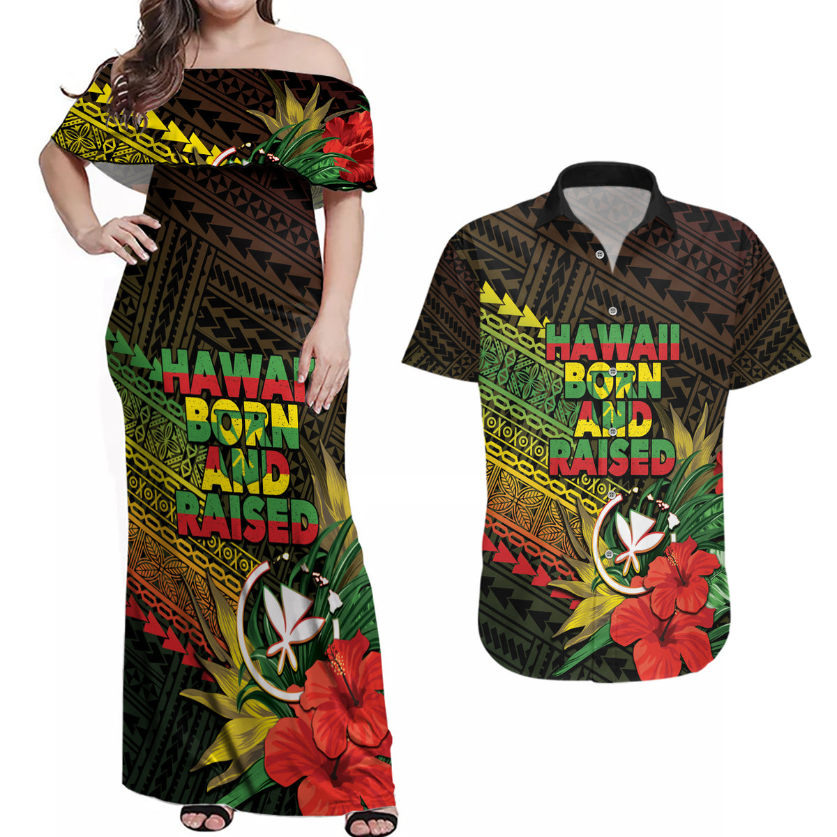 Personalized Hawaii Born and Raised Couples Matching Off Shoulder Maxi Dress and Hawaiian Shirt Kanaka Maoli Flag Day LT05 Reggae - Polynesian Pride