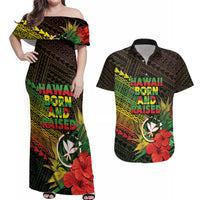 Personalized Hawaii Born and Raised Couples Matching Off Shoulder Maxi Dress and Hawaiian Shirt Kanaka Maoli Flag Day LT05 Reggae - Polynesian Pride