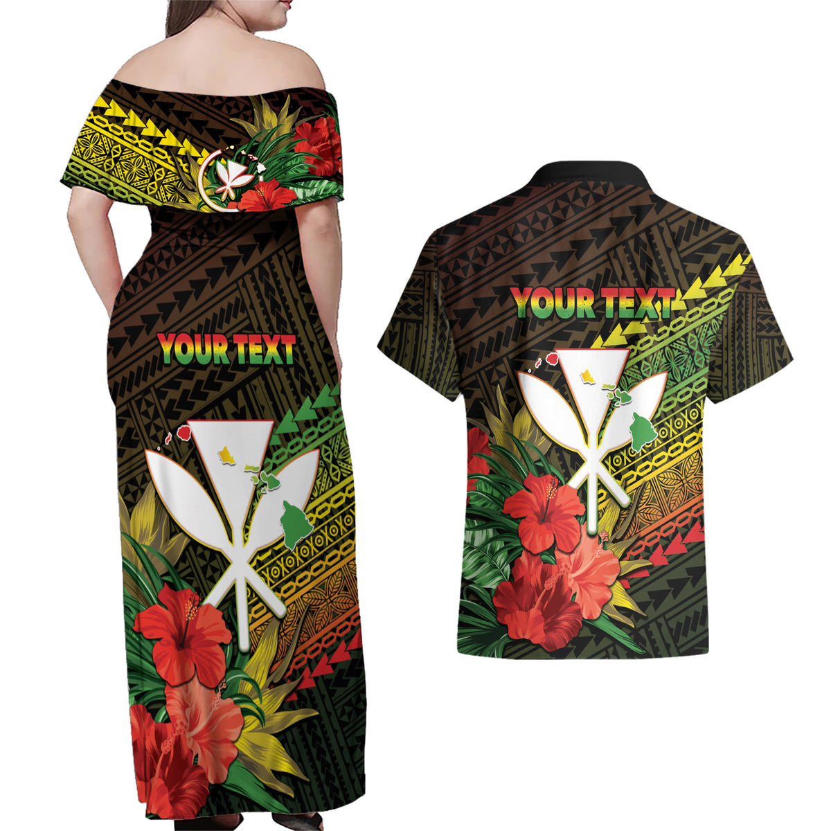 Personalized Hawaii Born and Raised Couples Matching Off Shoulder Maxi Dress and Hawaiian Shirt Kanaka Maoli Flag Day LT05 - Polynesian Pride