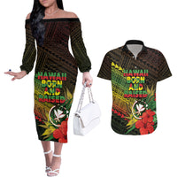 Personalized Hawaii Born and Raised Couples Matching Off The Shoulder Long Sleeve Dress and Hawaiian Shirt Kanaka Maoli Flag Day LT05 Reggae - Polynesian Pride
