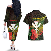 Personalized Hawaii Born and Raised Couples Matching Off The Shoulder Long Sleeve Dress and Hawaiian Shirt Kanaka Maoli Flag Day LT05 - Polynesian Pride