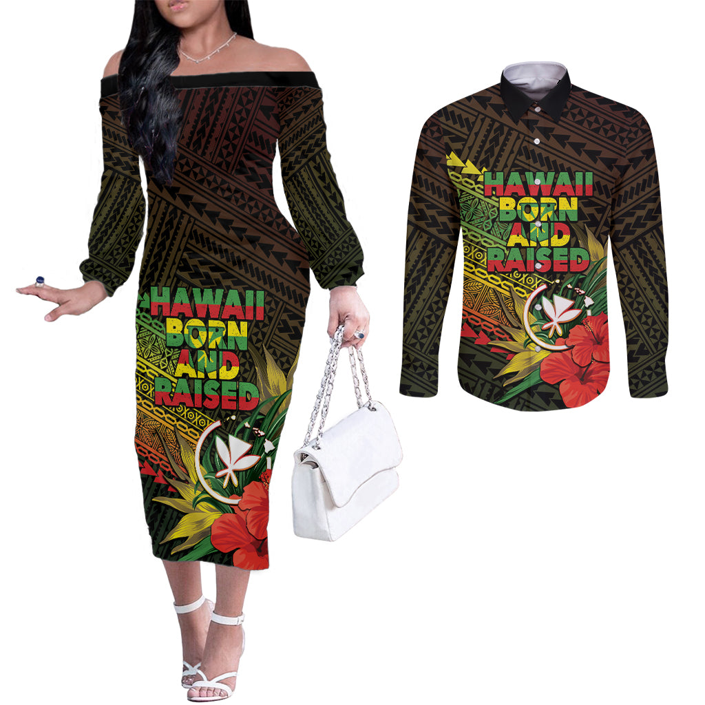 Personalized Hawaii Born and Raised Couples Matching Off The Shoulder Long Sleeve Dress and Long Sleeve Button Shirt Kanaka Maoli Flag Day LT05 Reggae - Polynesian Pride