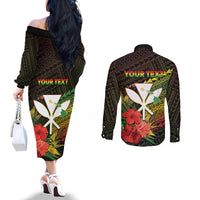 Personalized Hawaii Born and Raised Couples Matching Off The Shoulder Long Sleeve Dress and Long Sleeve Button Shirt Kanaka Maoli Flag Day LT05 - Polynesian Pride